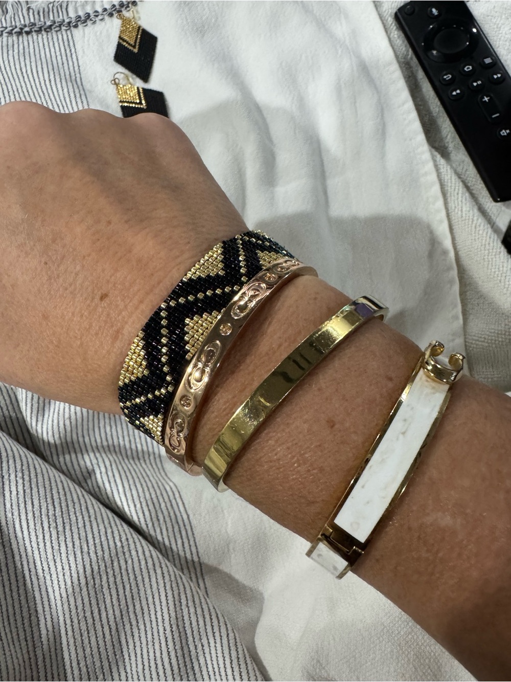 Black and Gold Beaded Chevron Bracelet Stack for Women